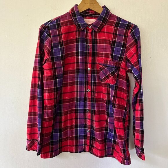 Victoria's Secret Other - Victoria's Secret Pajama Top Womens Small Flannel Purple Pink Silver Button Fron